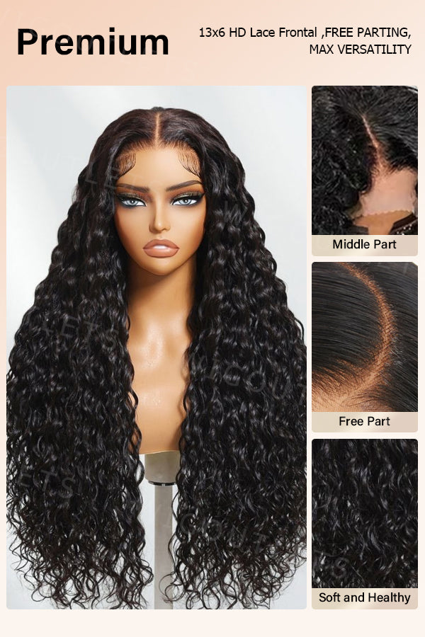 Close-up of the Wig Outlets Full 13x6 Water Wave Natural Black Wig, showcasing the soft, defined water wave texture in rich natural black color. The wig is displayed with various parting options, including middle, side, and free part, offering versatile styling while the 13x6 lace front ensures a flawless, realistic hairline.