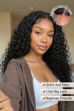 Model wearing the Wig Outlets Full 13x6 Water Wave Natural Black Wig, featuring soft, defined water wave curls in a rich natural black color. The 13x6 lace front provides a seamless, natural-looking hairline, while the water wave texture adds volume, bounce, and movement for a fresh, effortless look.