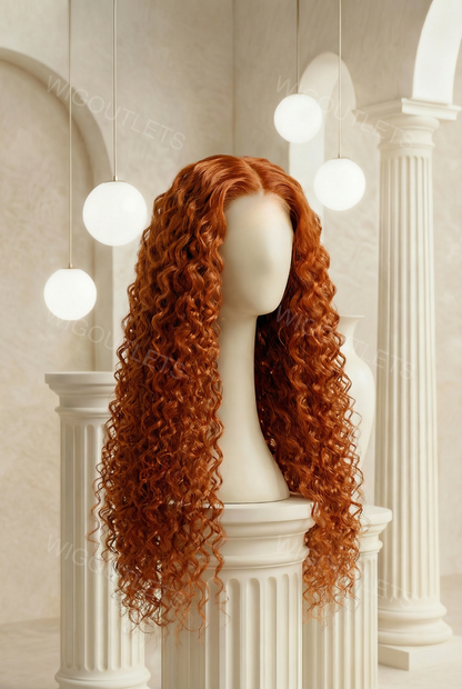 Wig_Outlets 13x4 Water Wave Ginger Lace Front Wig, showcasing a rich ginger color with soft, defined water wave curls. The wig features a 13x4 lace front for a flawless, natural hairline, and the water wave texture adds volume, movement, and a fresh, vibrant look. The warm ginger hue beautifully enhances the waves, making it a bold and eye-catching style.