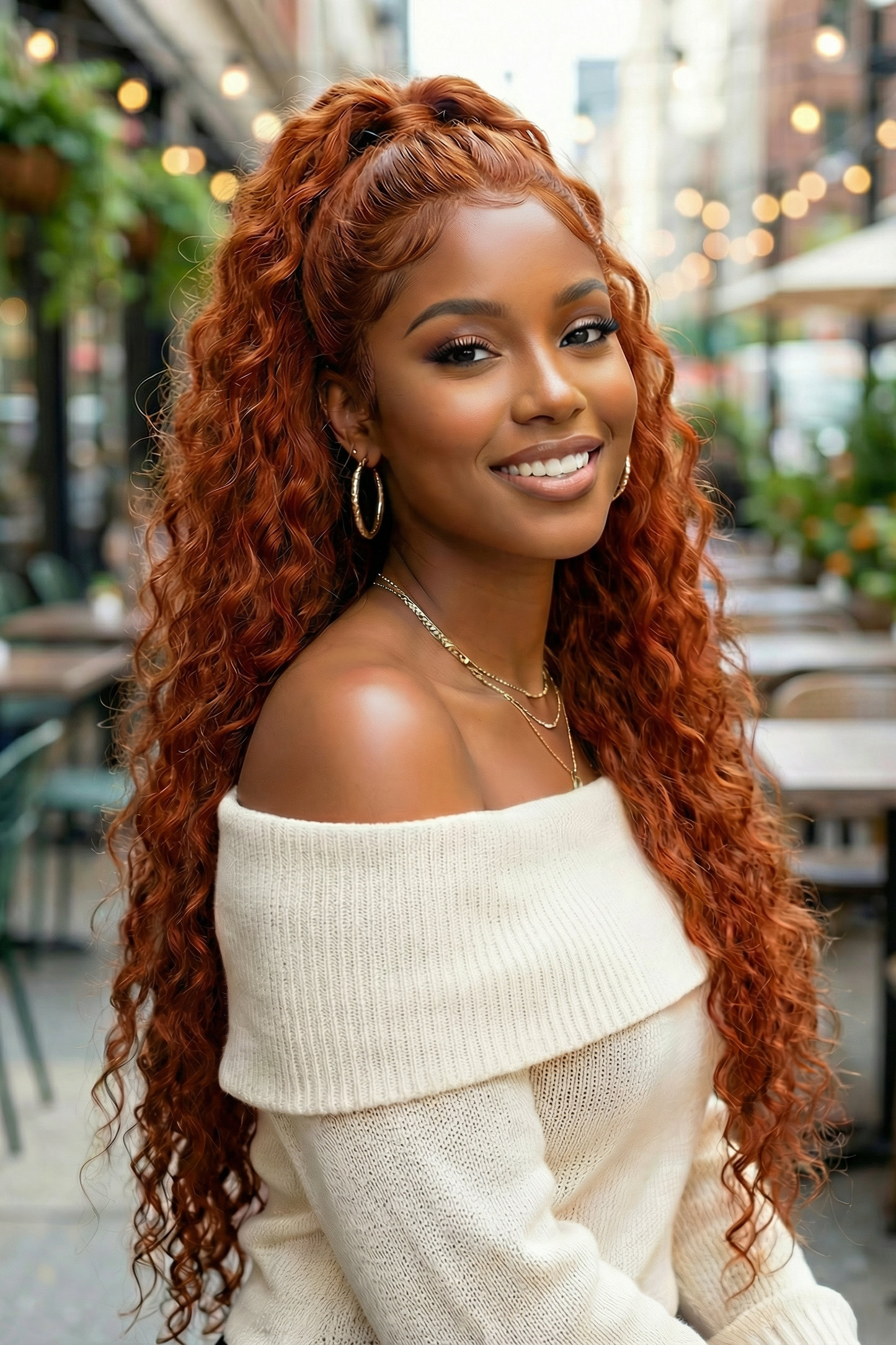 Model wearing the Wig_Outlets 13x4 Water Wave Ginger Lace Front Wig, showcasing vibrant ginger color with soft, defined water wave curls. The 13x4 lace front provides a natural, seamless hairline, while the water wave texture creates volume, bounce, and movement. The warm ginger hue enhances the wig’s natural flow, giving the model a bold, chic, and lively look.