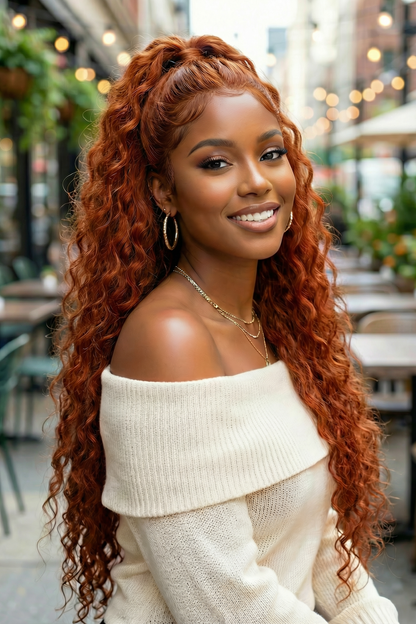 Model wearing the Wig_Outlets 13x4 Water Wave Ginger Lace Front Wig, showcasing vibrant ginger color with soft, defined water wave curls. The 13x4 lace front provides a natural, seamless hairline, while the water wave texture creates volume, bounce, and movement. The warm ginger hue enhances the wig’s natural flow, giving the model a bold, chic, and lively look.