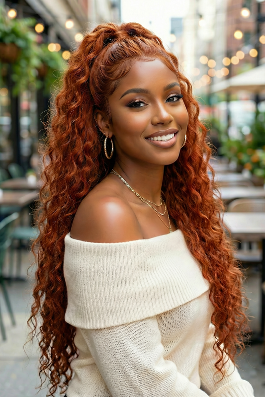 Model wearing the Wig_Outlets 13x4 Water Wave Ginger Lace Front Wig, showcasing vibrant ginger color with soft, defined water wave curls. The 13x4 lace front provides a natural, seamless hairline, while the water wave texture creates volume, bounce, and movement. The warm ginger hue enhances the wig’s natural flow, giving the model a bold, chic, and lively look.