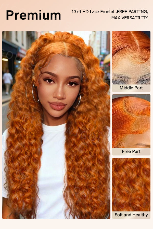 Close-up view of the Wig_Outlets 13x4 Water Wave Ginger Lace Front Wig, featuring a vibrant ginger color with soft, defined water wave curls. The wig is displayed with different parting styles, including middle, side, and free part, offering versatile styling options. The 13x4 lace front ensures a flawless, realistic hairline, while the water wave texture adds natural volume and movement for a chic, bold look.