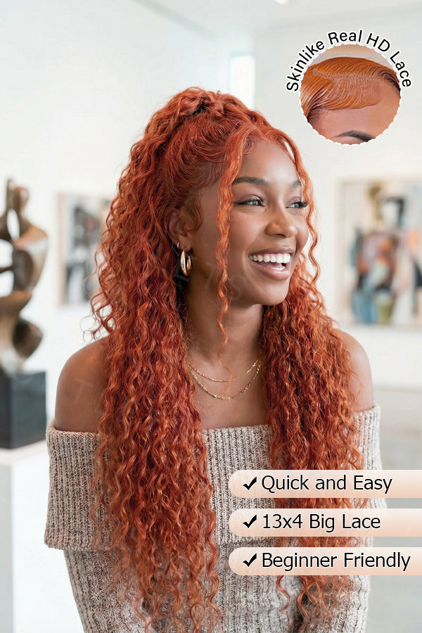Model wearing the Wig_Outlets 13x4 Water Wave Ginger Lace Front Wig outdoors in natural light, showcasing vibrant ginger color with soft, defined water wave curls. The sunlight highlights the natural shine and movement of the waves, while the 13x4 lace front ensures a seamless, realistic hairline. The water wave texture adds volume and bounce, creating a chic and bold look that shines beautifully in the natural light.