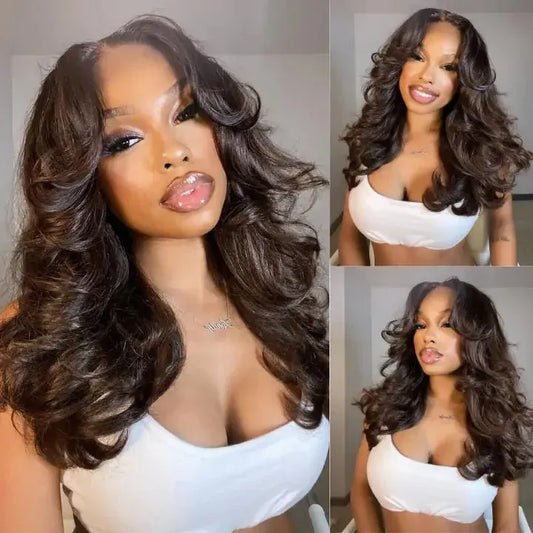 5x5 Human Hair Wigs Gluless Body Wave Pre Cut Lace Wigs With Curtain Bangs Long Hair