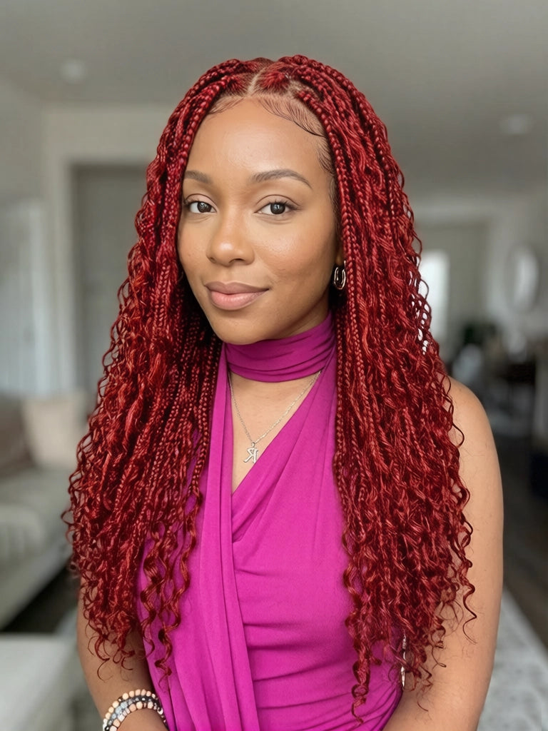 Burgundy Boho Braid Wig Water Wave 13x6 Lace Wigs 100% Human Hair