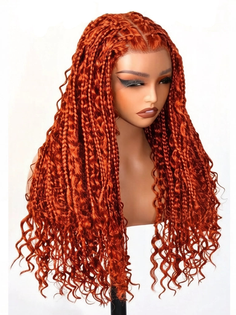 Boho Braid Wig Ginger Water Wave 13x4 Lace Wigs 100% Human Hair